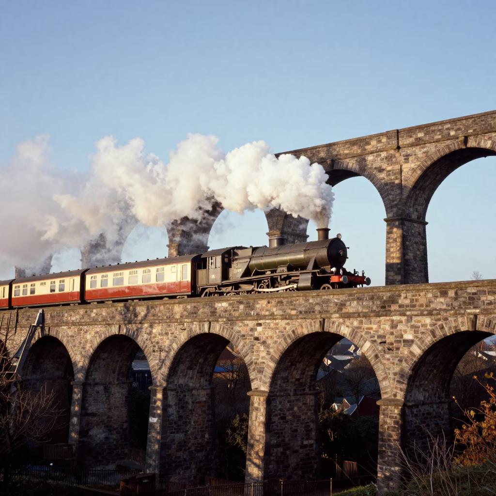 Late Afternoon Light on Liverpool Railway Viaduct with Steam Train Crossing Arches in in Liverpool, United Kingdom