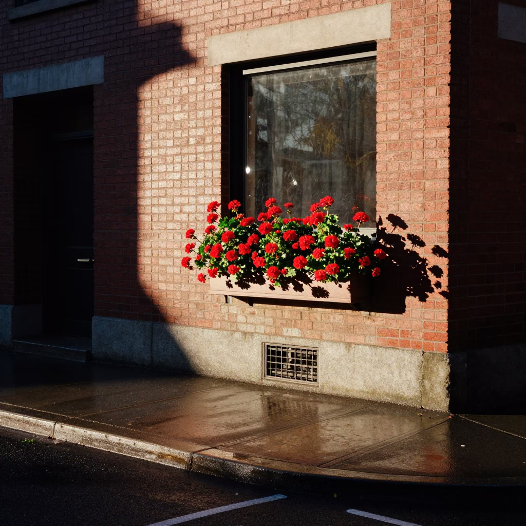 Late Afternoon Light on Portland Oregon Street Corner with Geraniums and Hand Towels in in Portland, Oregon, United States