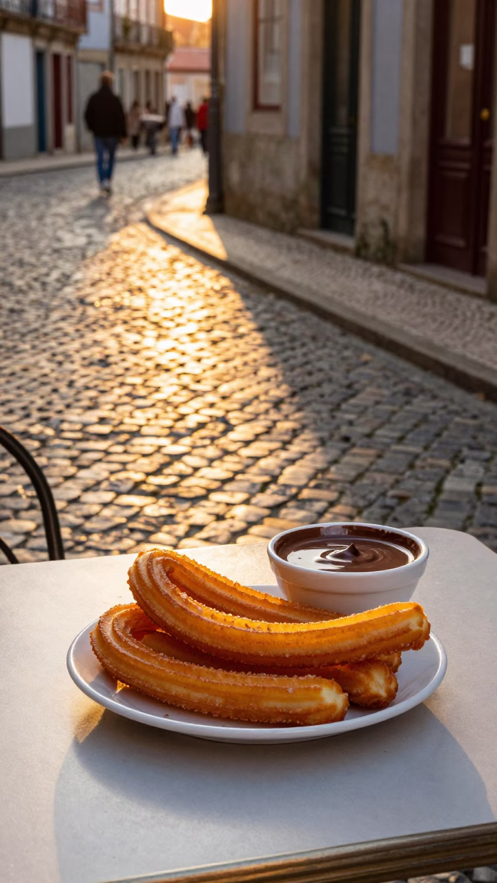Late Afternoon Light on Porto Cobblestones with Churros and Chocolate in in Porto, Portugal