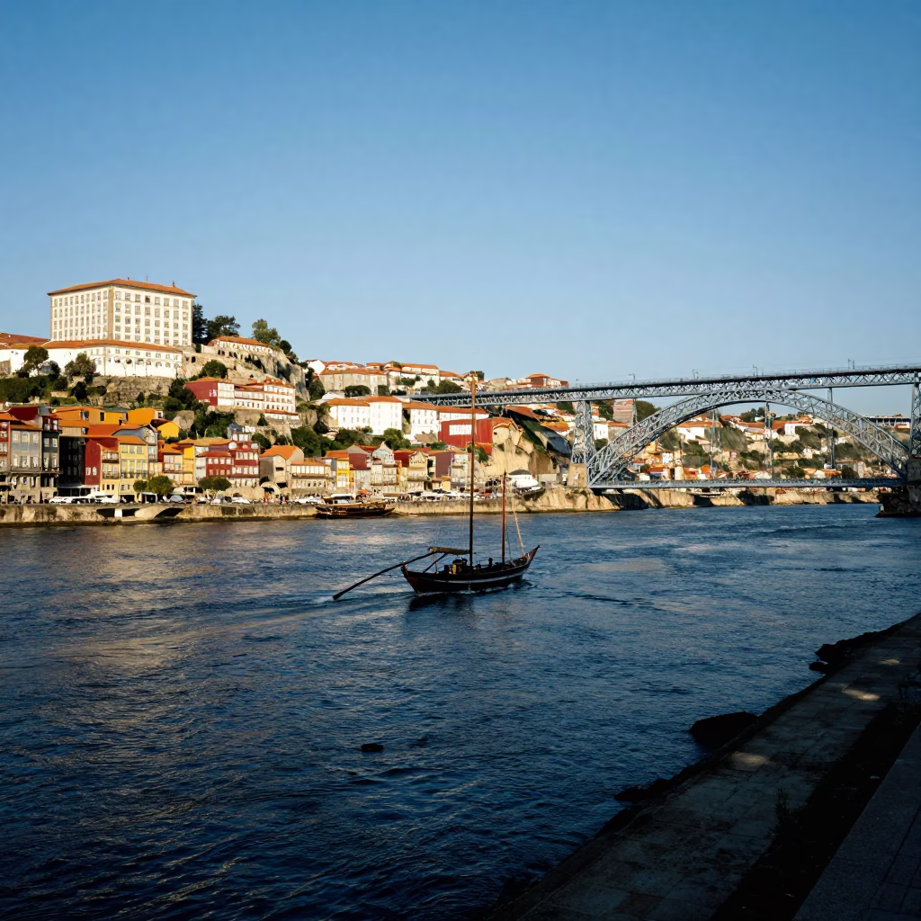 Late Afternoon Light on Porto Douro River Embankment with Sailing Yacht and Sun Stripe in in Porto, Portugal