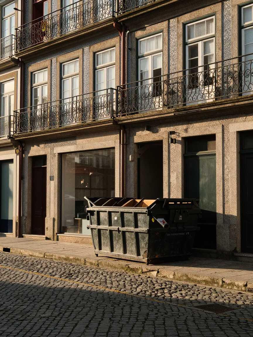 Late Afternoon Light on Porto's Ribeira Street with Demolition Dumpster and Vintage Majolica Plate in in Porto, Portugal