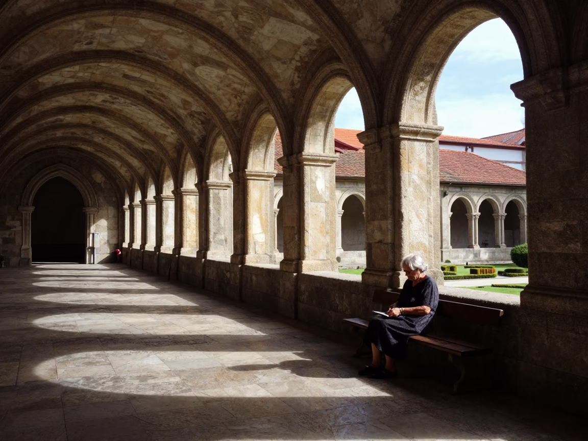 Late Afternoon Light on Porto University Cloister Walkway with Enamel Bowls in in Porto, Portugal