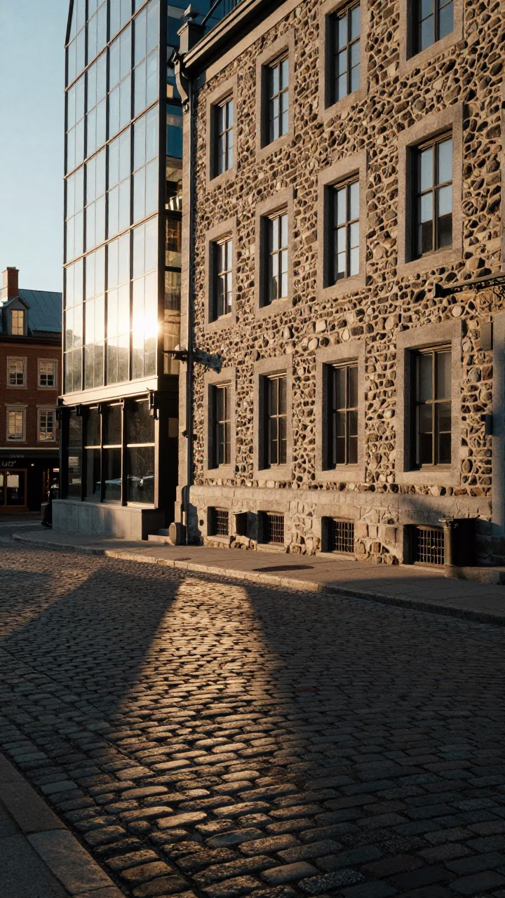 Late Afternoon Light on Quebec City Cobblestones Near Glass Steel Train Station in in Quebec City, Quebec, Canada