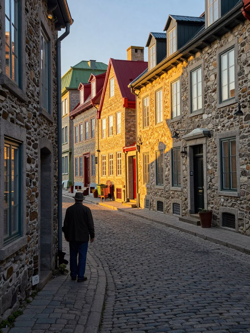 Late Afternoon Light on Quebec City Cobblestones with Old Man's Beard Lichen in in Quebec City, Quebec, Canada