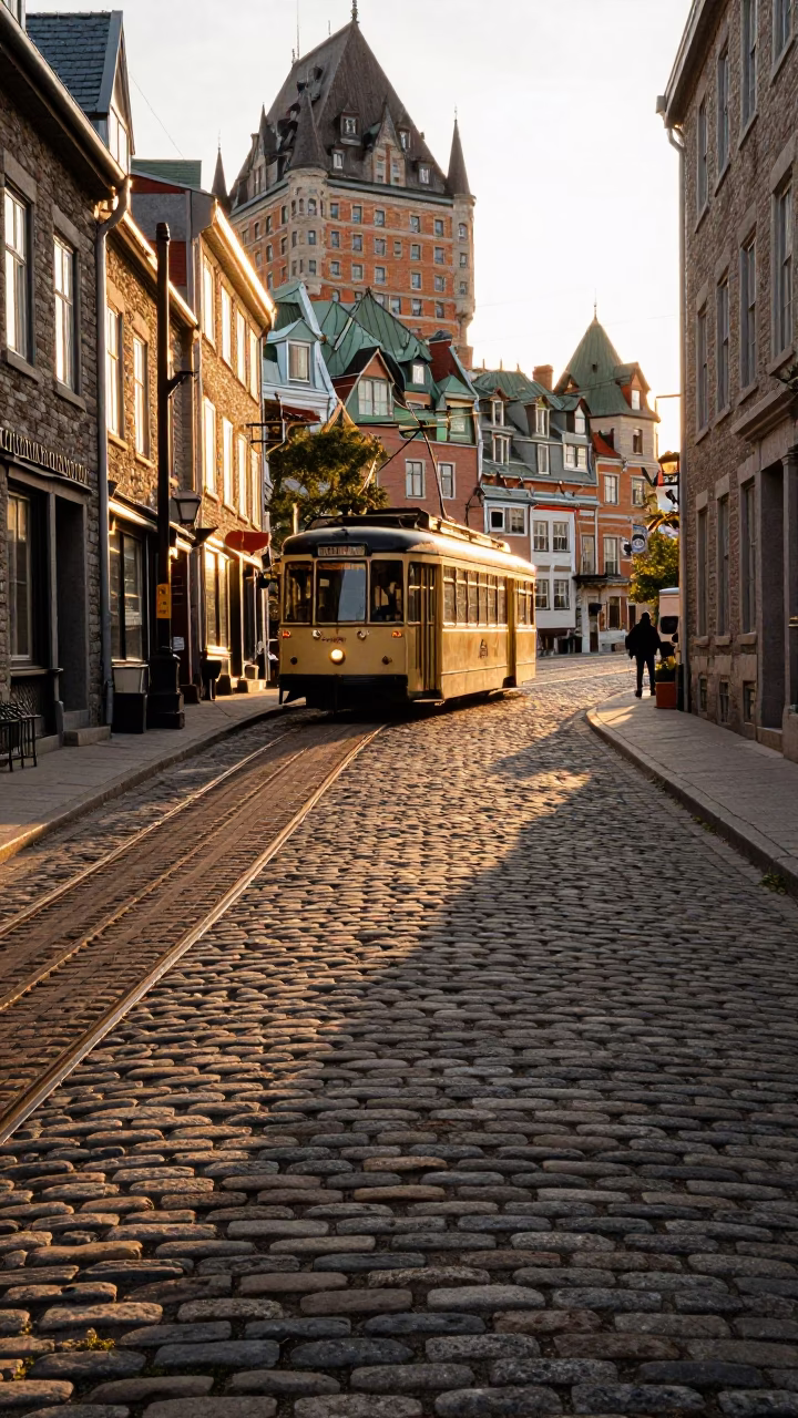 Late Afternoon Light on Quebec City Cobblestones with Tramcar and Historic Architecture in in Quebec City, Quebec, Canada