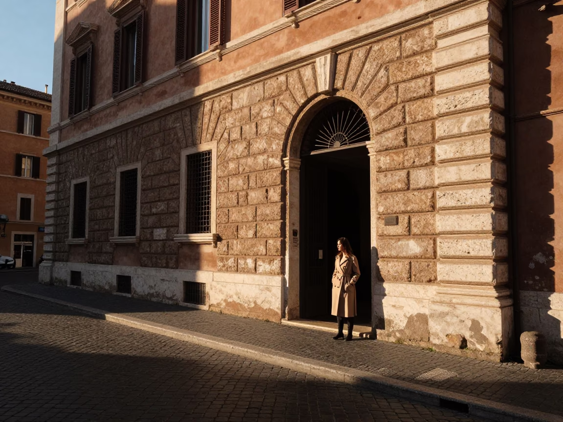 Late Afternoon Light on Roman Street with Clear Glass Window and Wax Seal Detail in in Rome, Italy