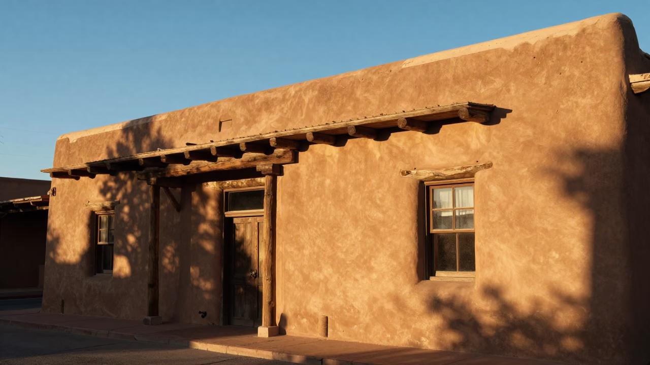 Late Afternoon Light on Santa Fe Adobe Architecture and Local Street Scene in in Santa Fe, New Mexico, United States