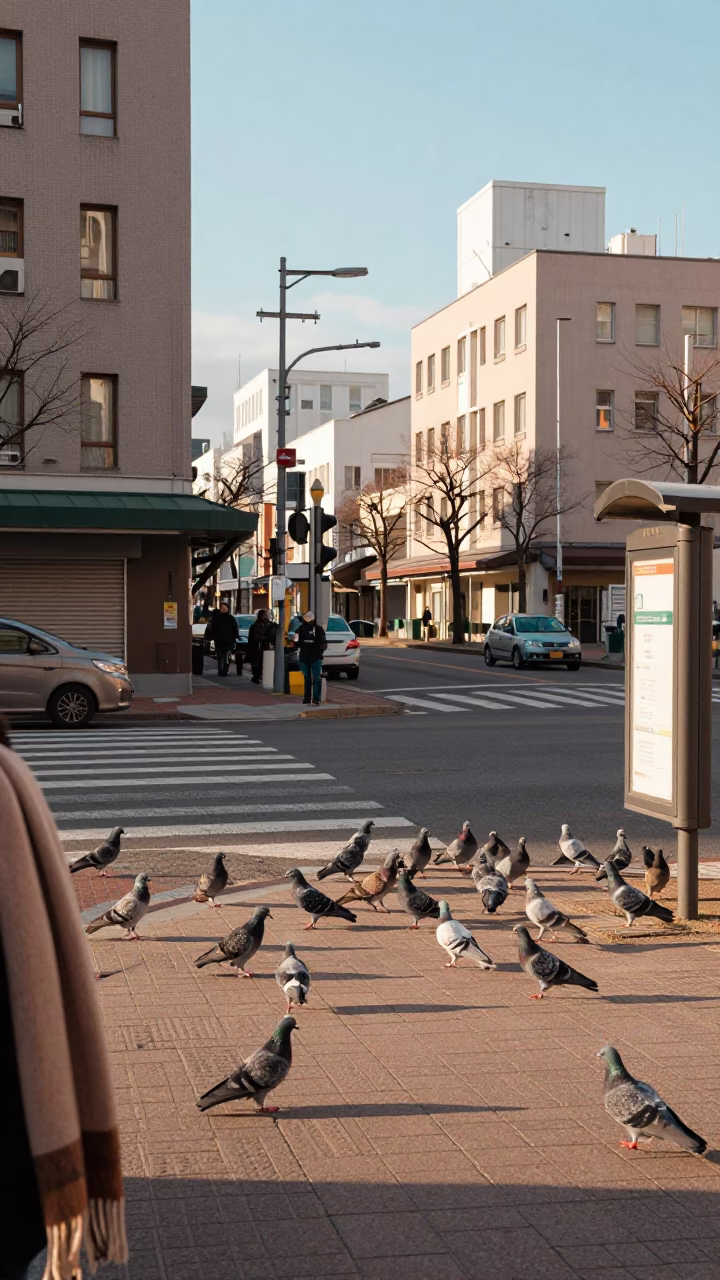 Late afternoon light on Sapporo street corner with pigeons and scarf in in Sapporo, Japan