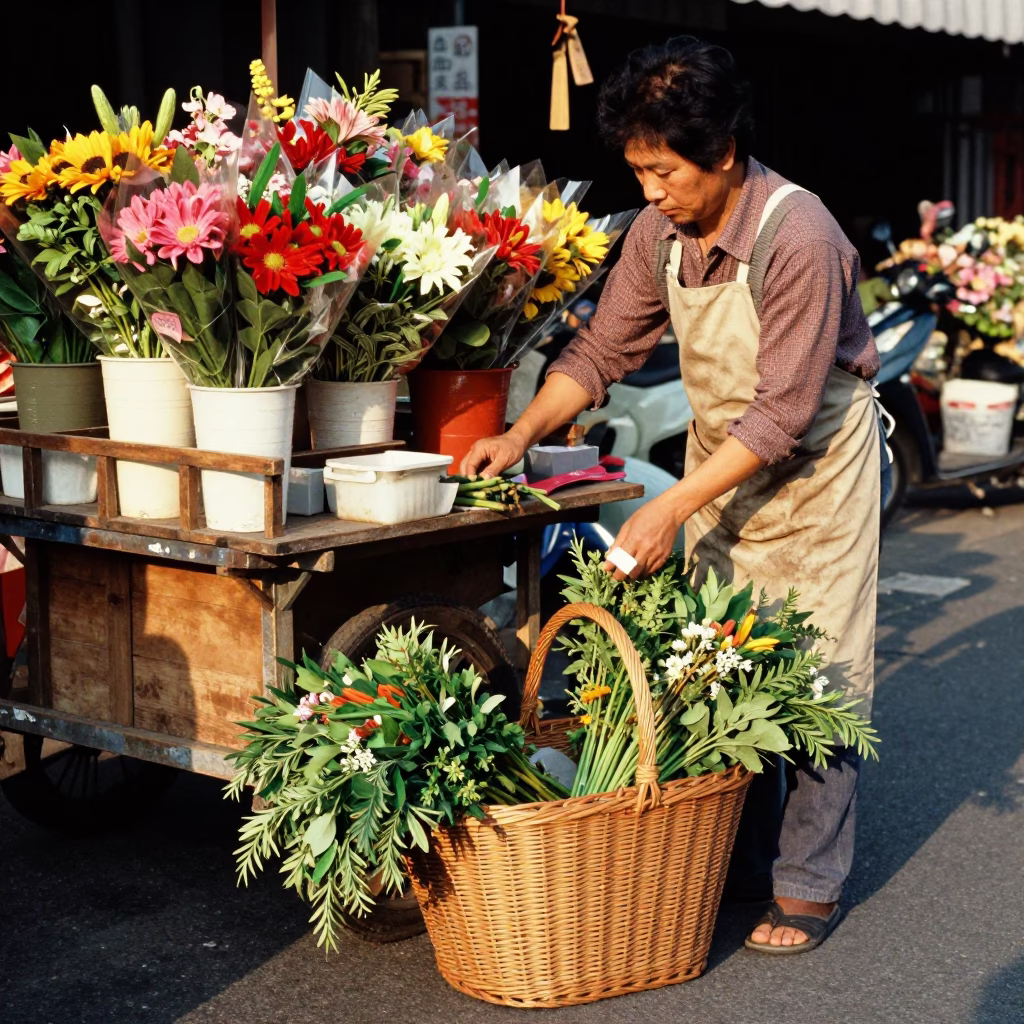 Late Afternoon Light on Stall Florist in Tainan in in Tainan, Taiwan