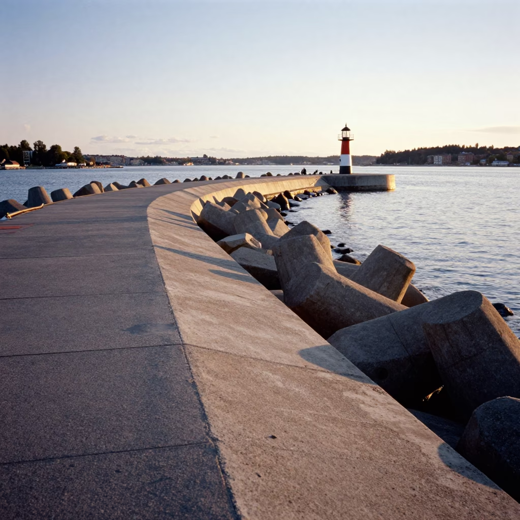 Late Afternoon Light on Stockholm Breakwater with Harbor Beacon and Driftwood in in Stockholm, Sweden
