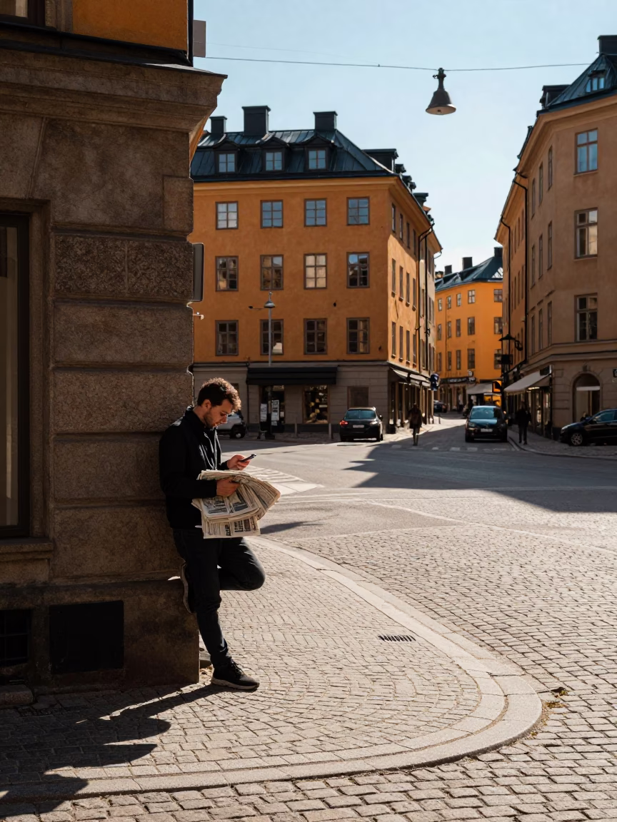 Late Afternoon Light on Stockholm Street Corner with Newspaper Stack in in Stockholm, Sweden