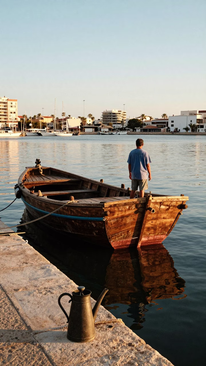 Late Afternoon Light on Valencia Harbor Watering Jug and Traditional Junk Boat in in Valencia, Spain