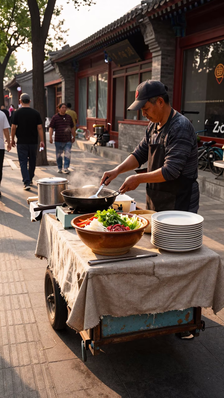 Late Afternoon Light on Vendor Cooking in Beijing in in Beijing, China