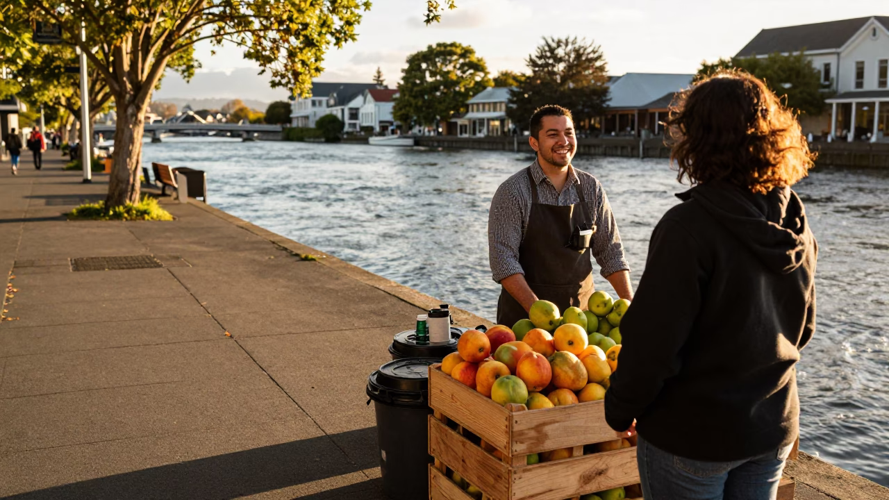 Late Afternoon Light on Vendor Smiles in Christchurch in in Christchurch, New Zealand