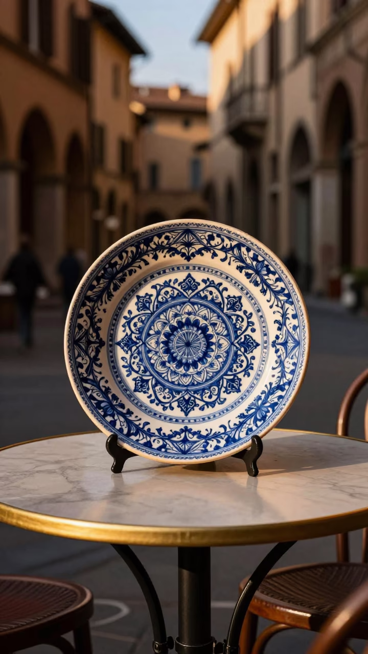 Late Afternoon Light on Vintage Italian Majolica Plate in Bologna Street Cafe in in Bologna, Italy