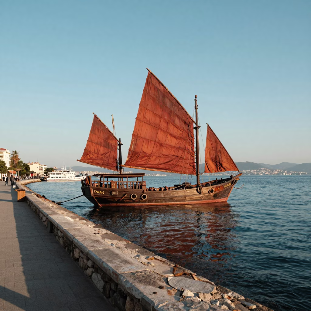 Late Afternoon Light Over Izmir Bay With Rusty Sails and Coastal Life in in Izmir, Turkey