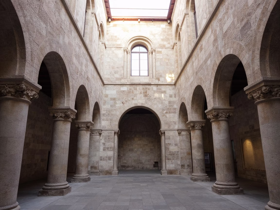 Late Afternoon Light in Romanesque Abbey Corridor in along a monastery corridor in La Boca, Buenos Aires