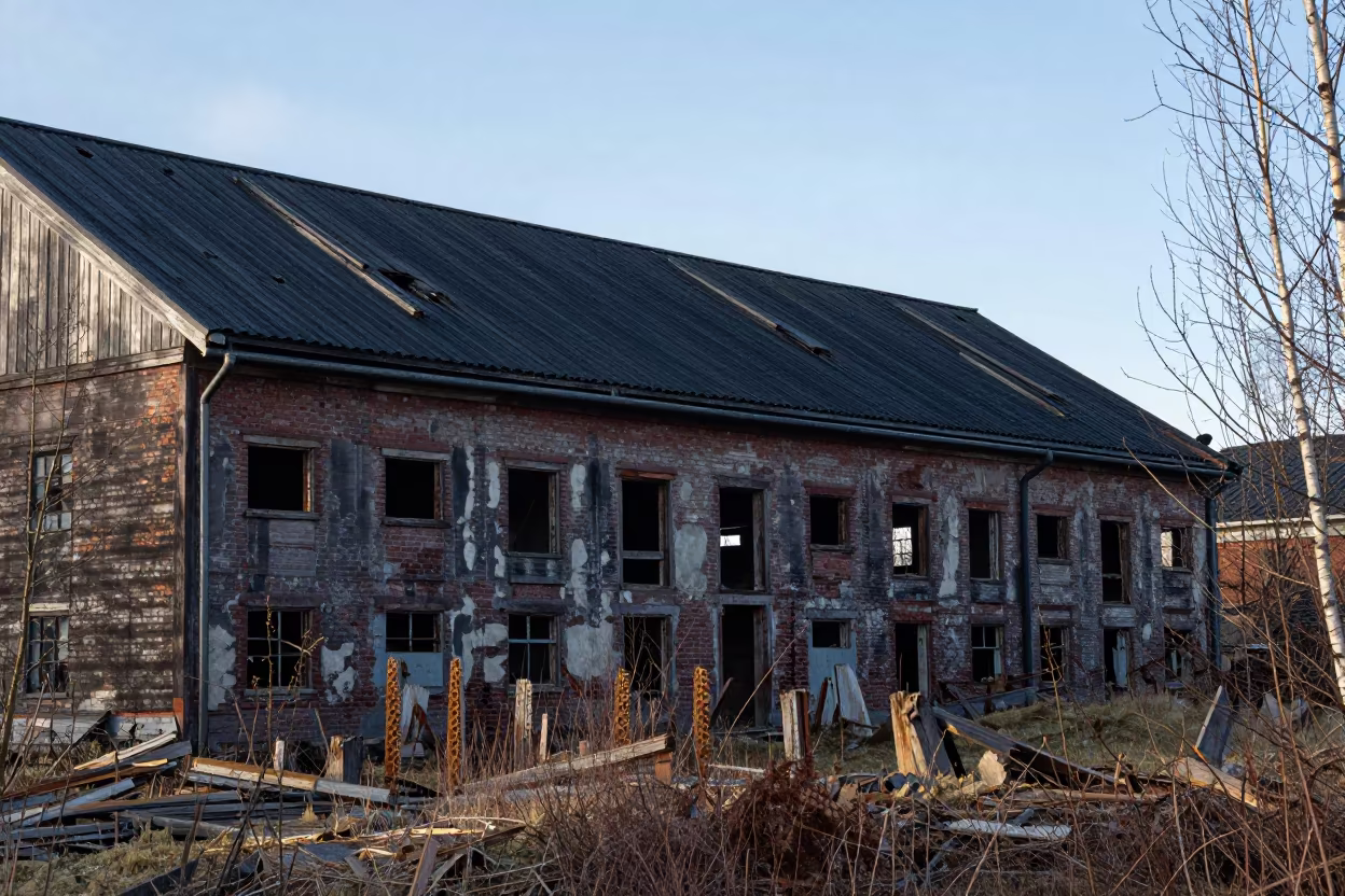 Late Afternoon Light Shafts Through Grain Warehouse Roof in among toppled columns and nettles near Punavuori, Helsinki