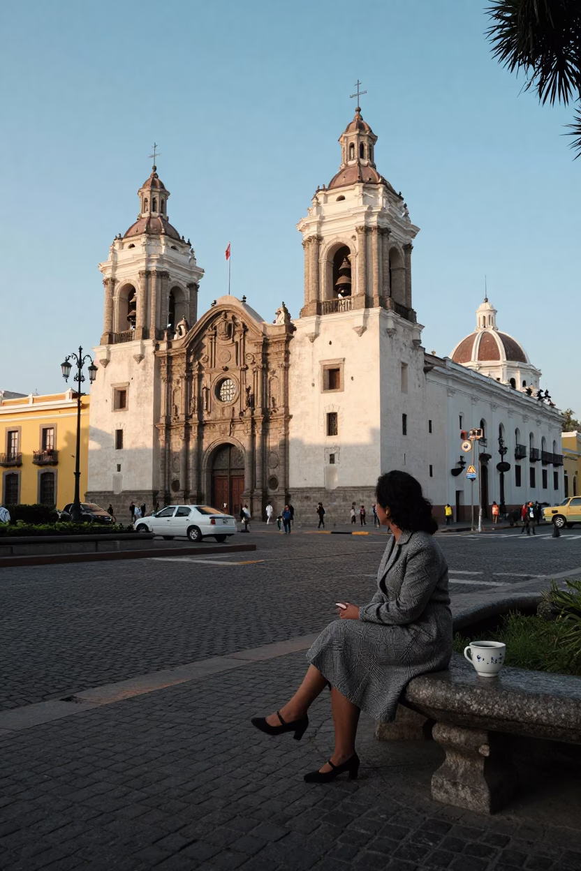 Late Afternoon Lima Peru Street Scene with Ceramic Cup and Scarf in in Lima, Peru