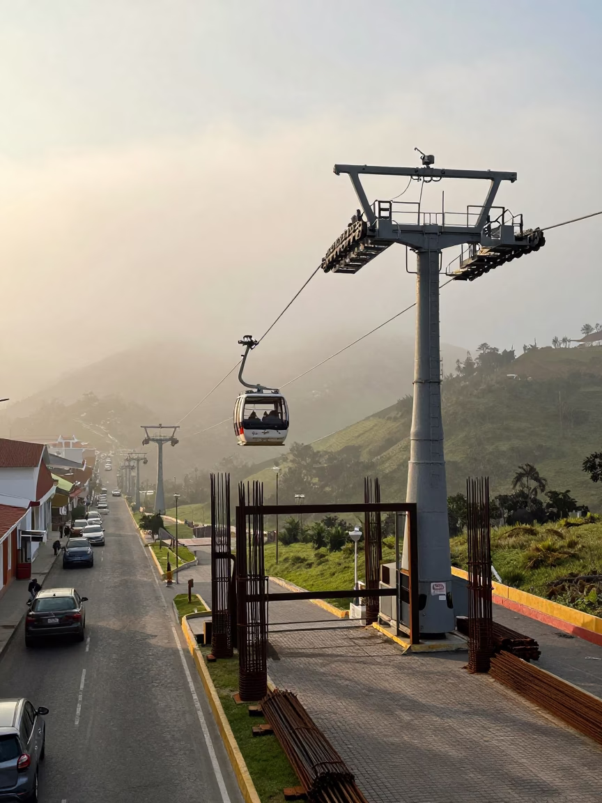 Late Afternoon Lima Street Scene with Aerial Tramway and Construction Site in in Lima, Peru