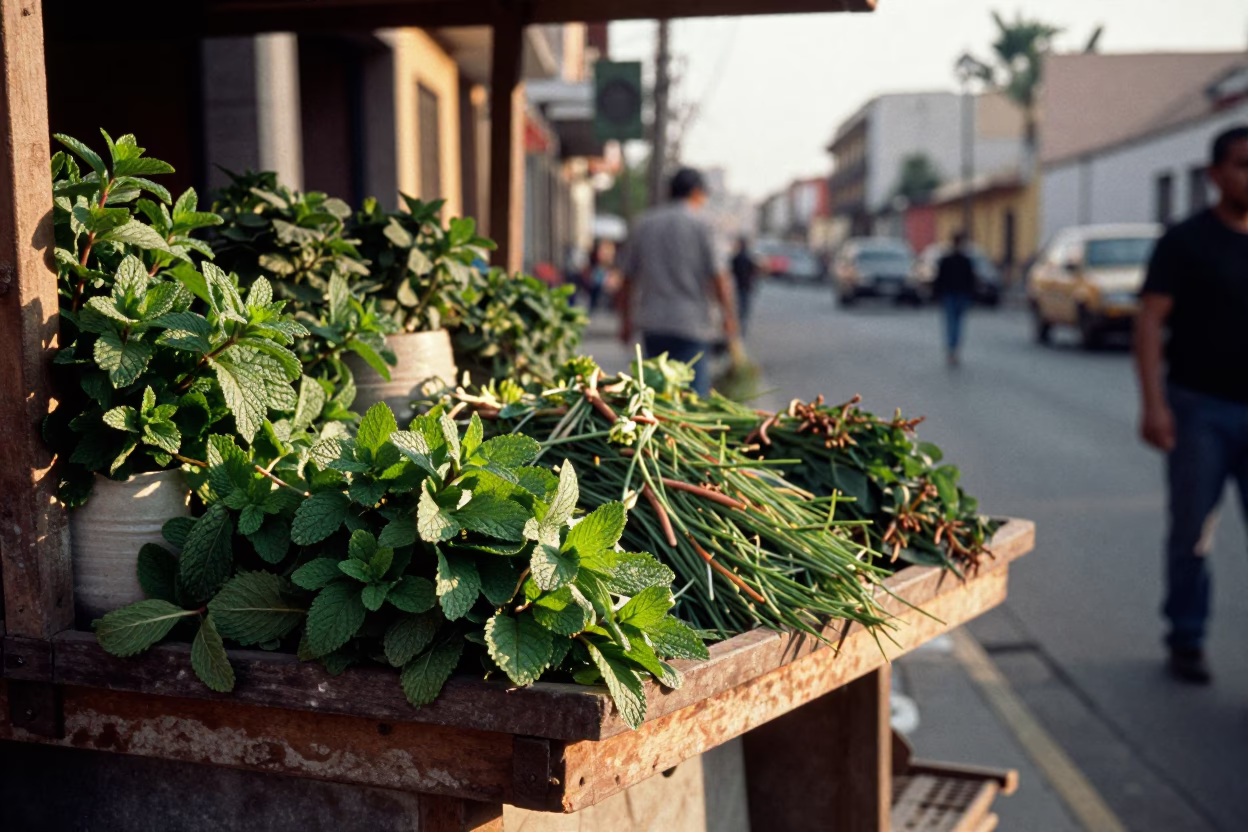 Late Afternoon Lima Street Scene with Mint Leaves and Urban Details in in Lima, Peru