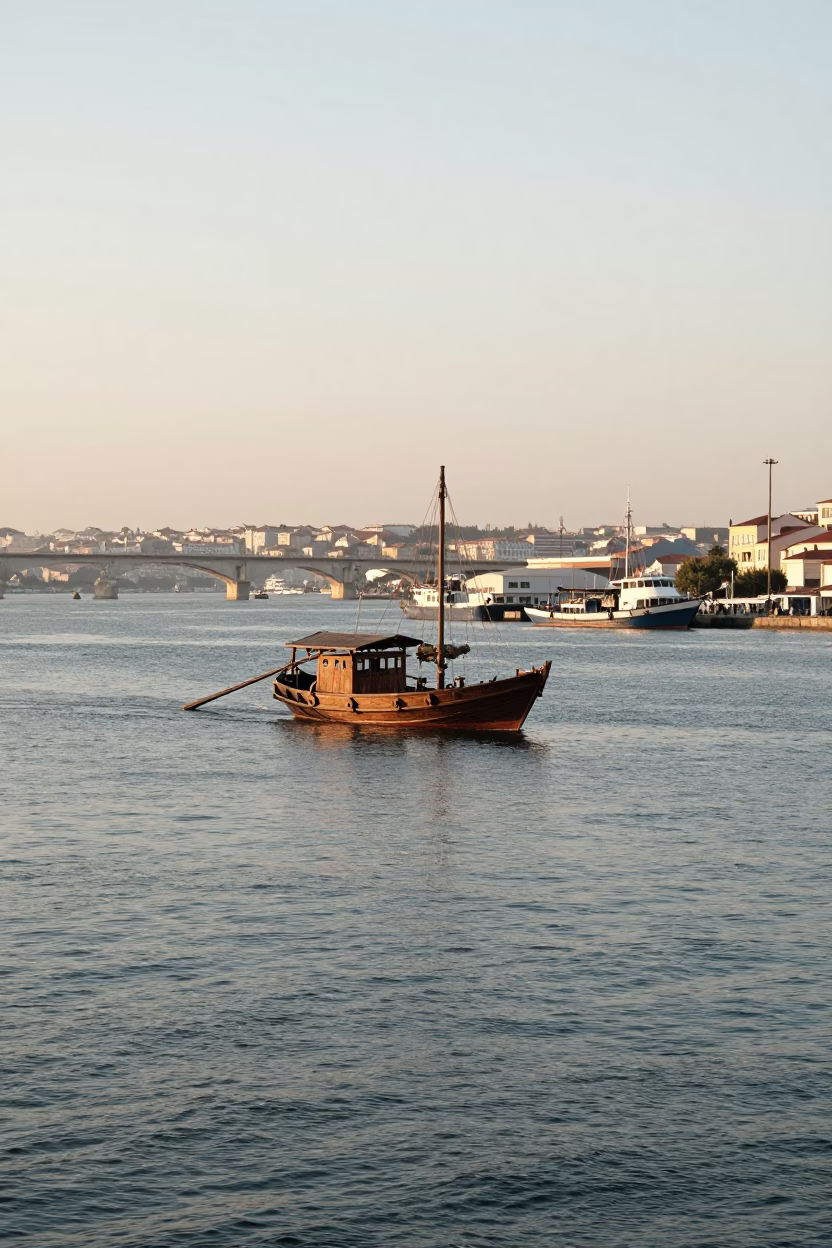 Late Afternoon Lisbon Harbor View with Junk Boat and Atlantic Horizon in in Lisbon, Portugal