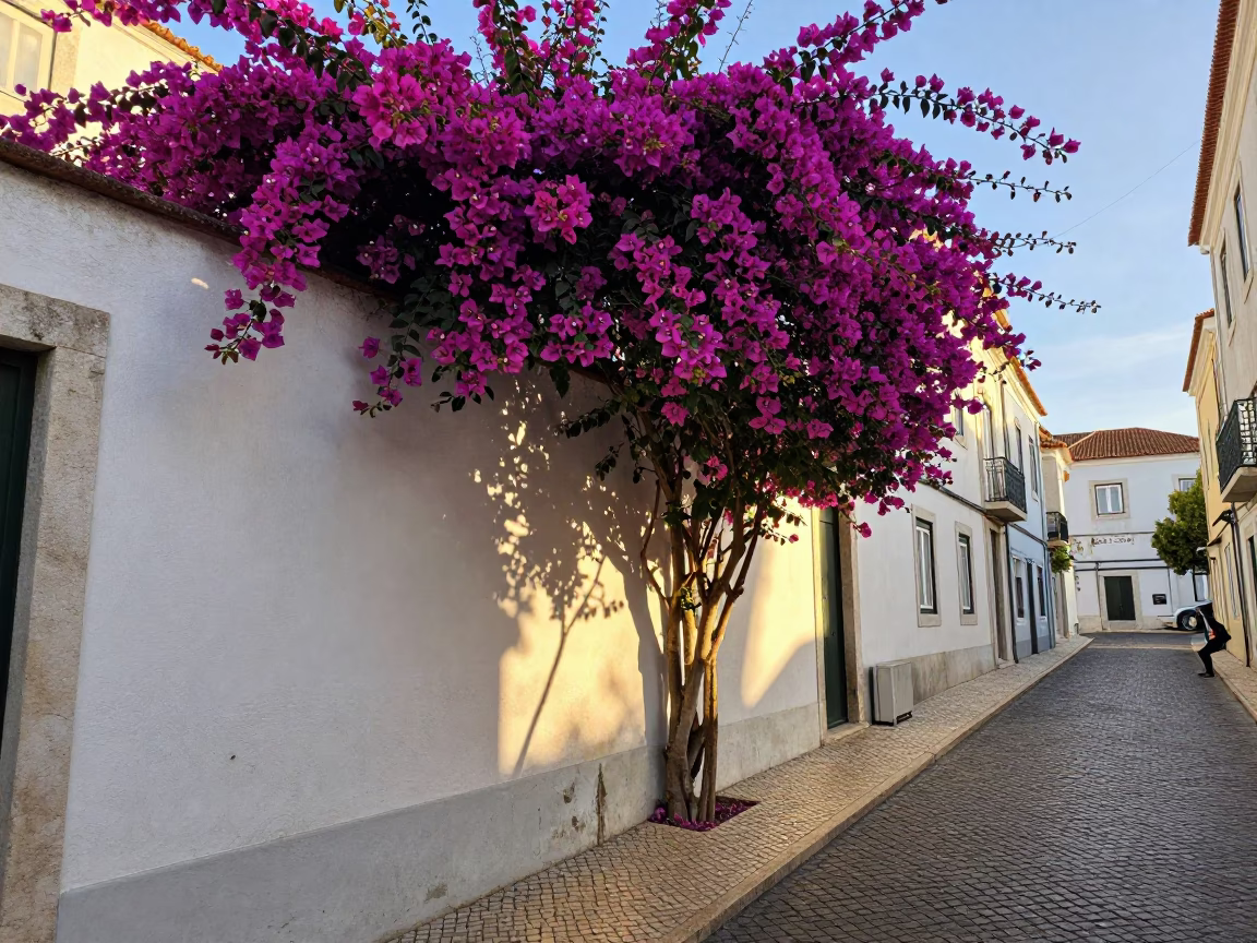 Late Afternoon Lisbon Street Scene with Bougainvillea and Daily Life in in Lisbon, Portugal