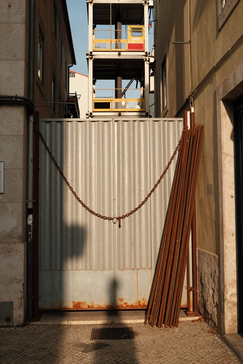 Late Afternoon Lisbon Street Scene with Construction Elevator Gate and Sardines Display in in Lisbon, Portugal