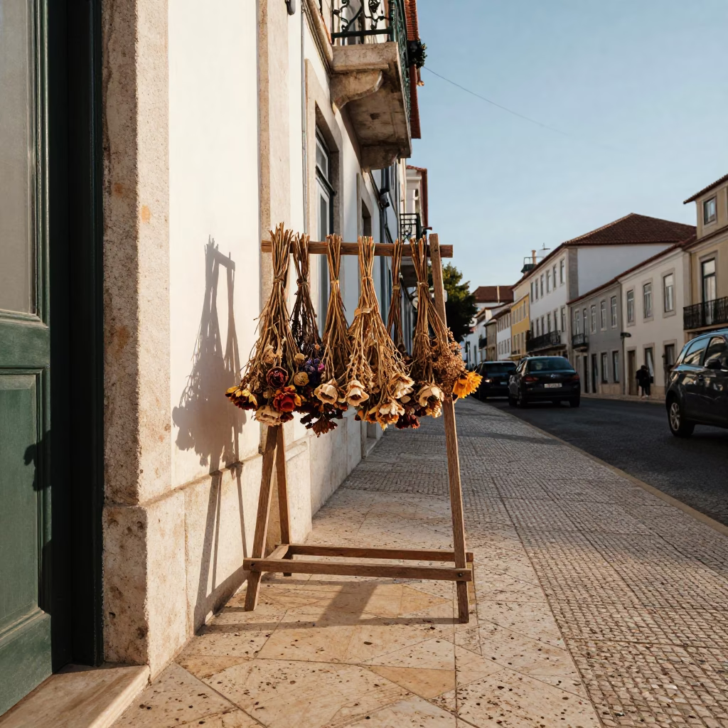 Late Afternoon Lisbon Street Scene with Dried Flowers and Olives on Balcony in in Lisbon, Portugal