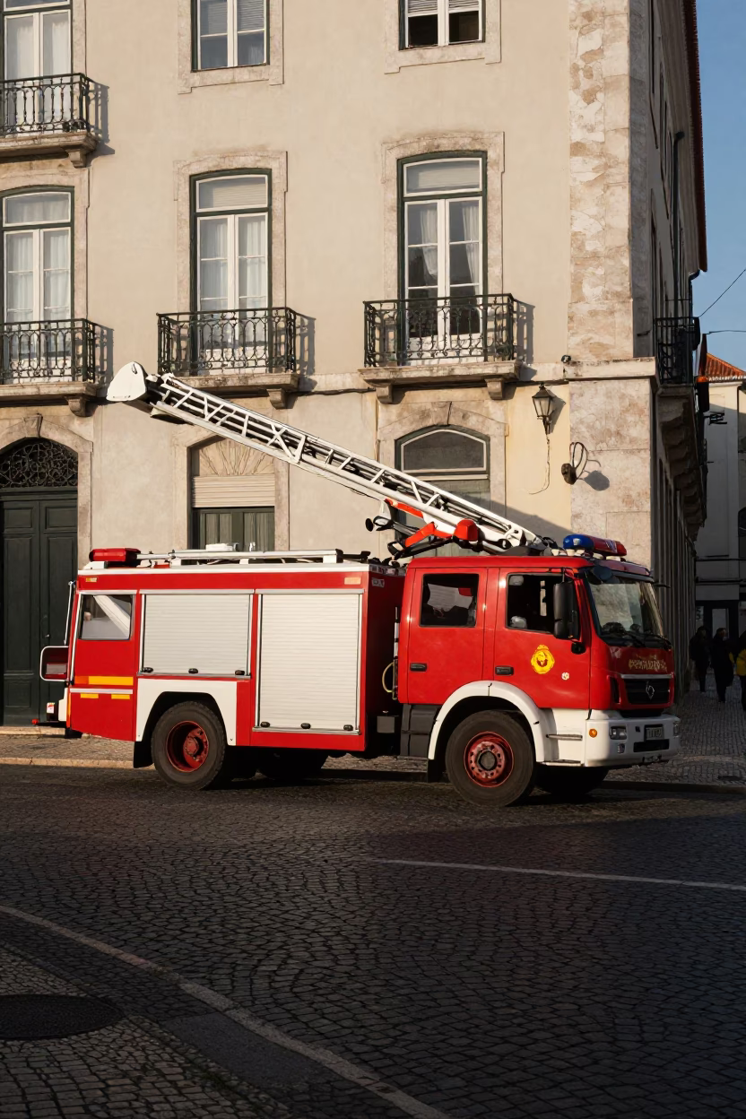 Late Afternoon Lisbon Street Scene with Fire Engine and Historic Architecture in in Lisbon, Portugal