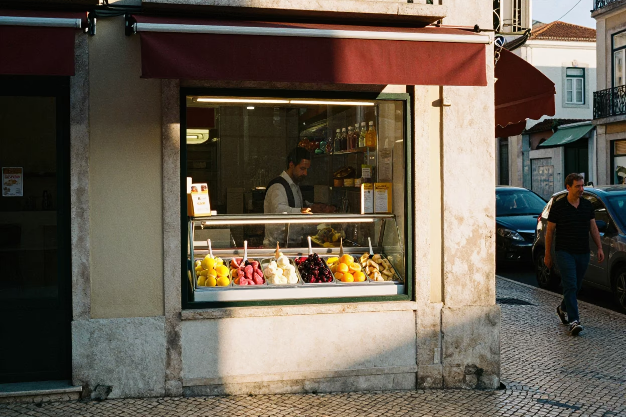 Late Afternoon Lisbon Street Scene with Gelato Display and Antique Nautical Chart in in Lisbon, Portugal