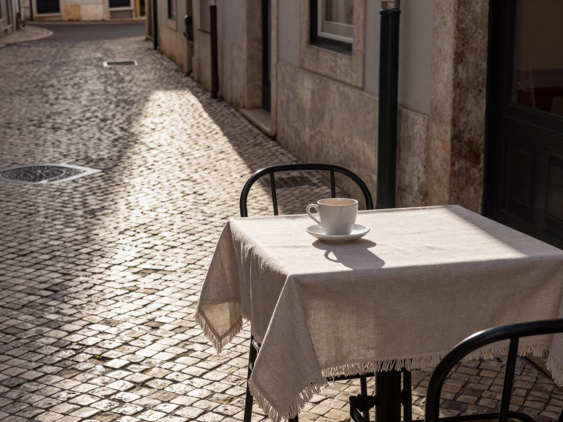 Late Afternoon Lisbon Street Scene with Linen Fringe and Ceramic Cup in in Lisbon, Portugal