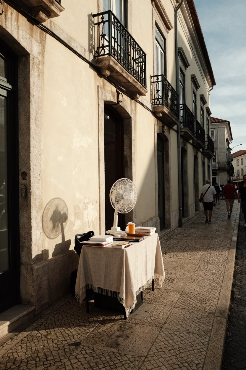 Late Afternoon Lisbon Street Scene with Linen Fringe and Hibiscus Flower in Portugal in in Lisbon, Portugal