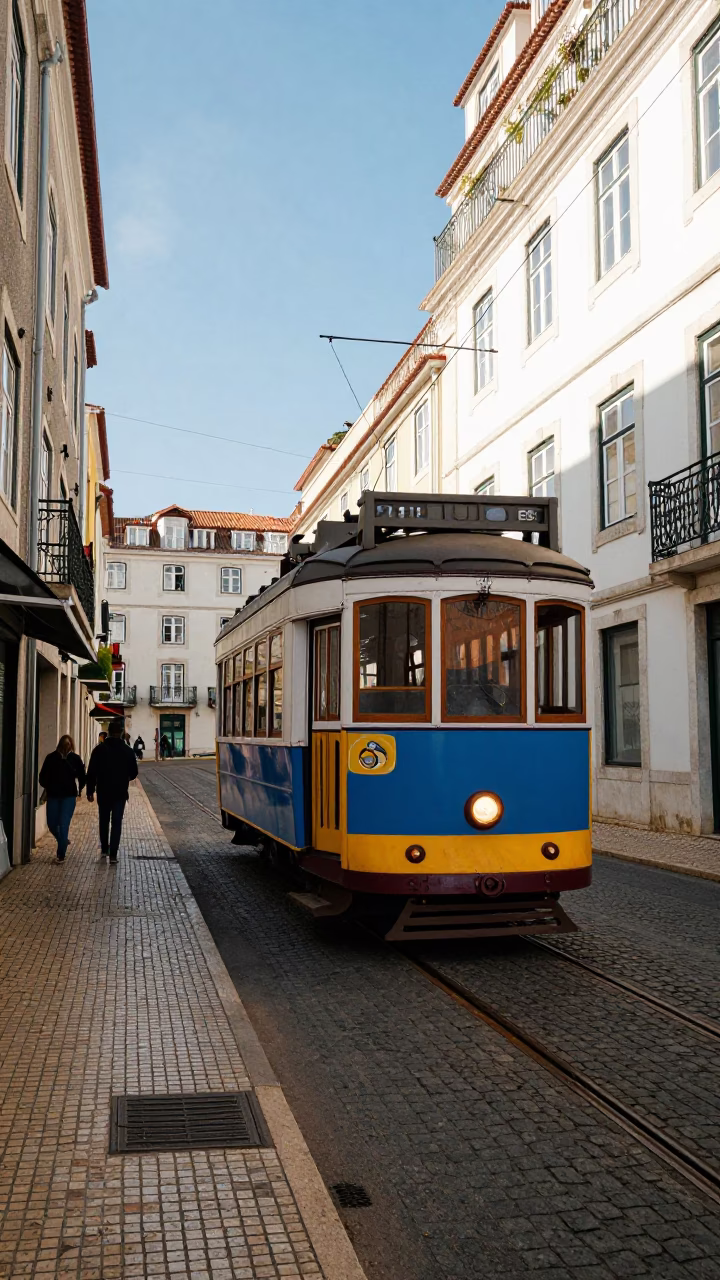 Late Afternoon Lisbon Street Scene with Tram and Traditional Azulejo Tiles in in Lisbon, Portugal