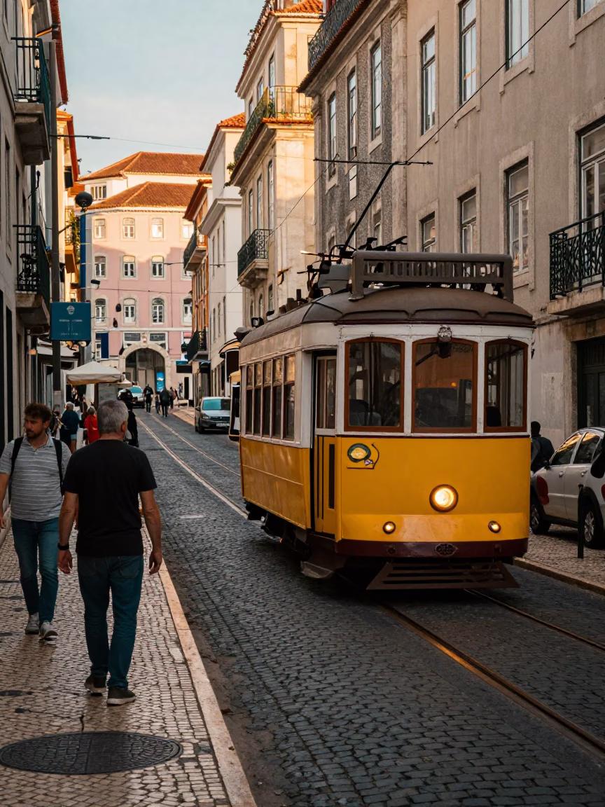 Late Afternoon Lisbon Street Scene with Tram and Traditional Pastries in in Lisbon, Portugal
