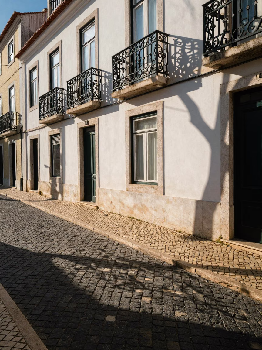 Late Afternoon Lisbon Street Scene with Wicker Shadow and Traditional Tram in in Lisbon, Portugal