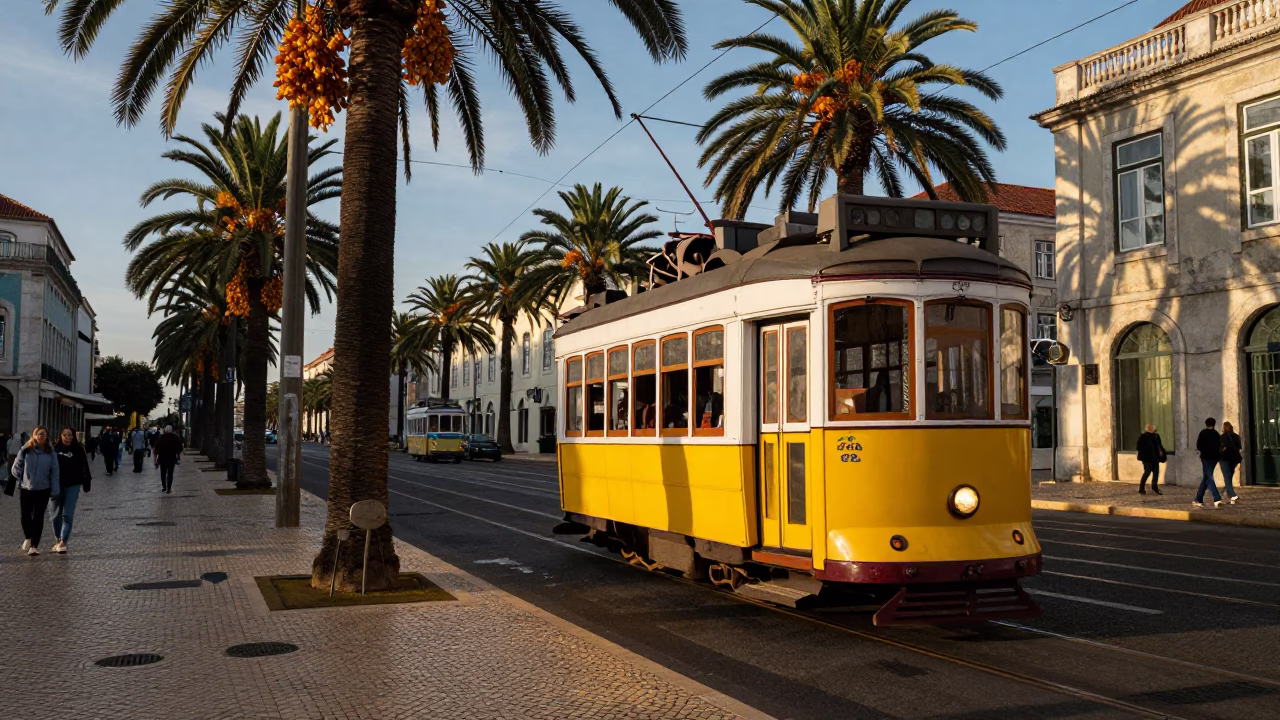 Late Afternoon Lisbon Street Scene with Yellow Tram and Date Palm in in Lisbon, Portugal