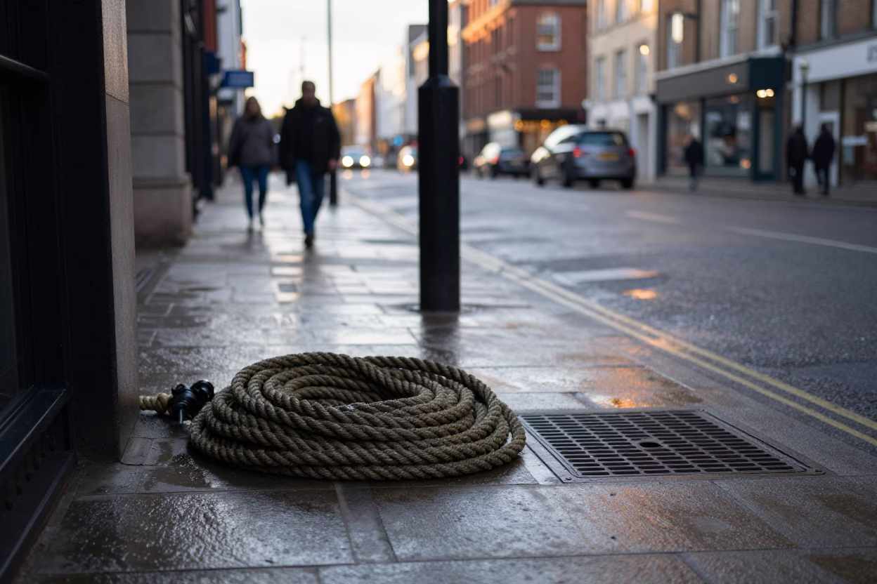Late Afternoon Liverpool Street Scene with Coiled Rope and Storm Drain Outfall in in Liverpool, United Kingdom