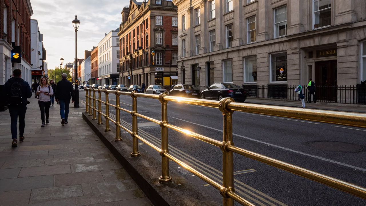 Late Afternoon Liverpool Street Scene with Polished Brass Rail and Local Crowd in in Liverpool, United Kingdom