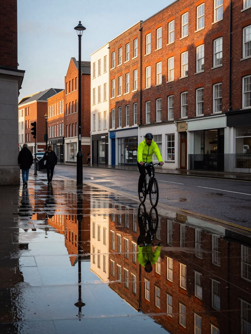 Late Afternoon Liverpool Street Scene with Puddle Reflections and Urban Life in in Liverpool, United Kingdom