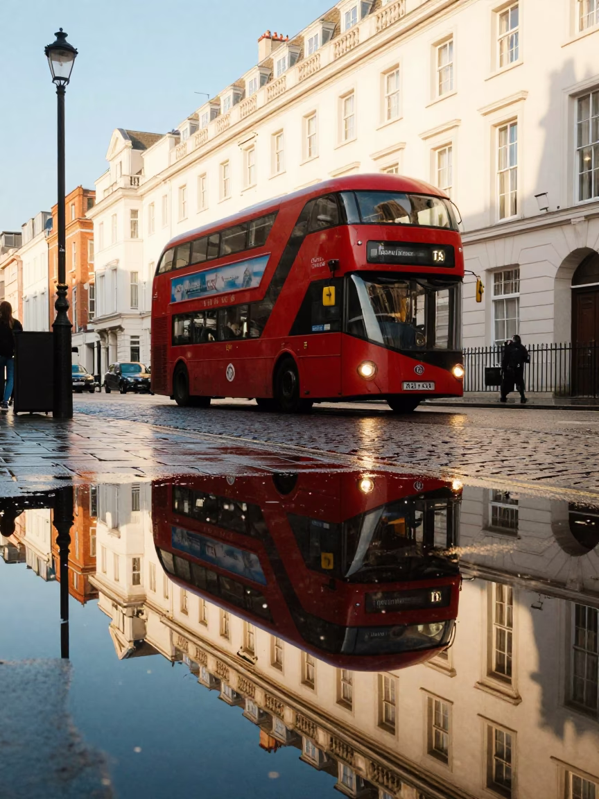 Late Afternoon London Street Puddle Reflection of Red Bus and Hotel Windows in in London, United Kingdom