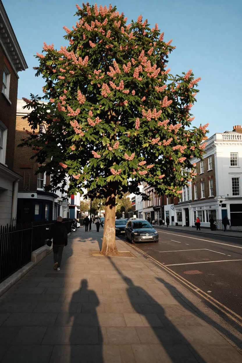 Late Afternoon London Street Scene with Chestnut Tree and Construction Site in in London, United Kingdom