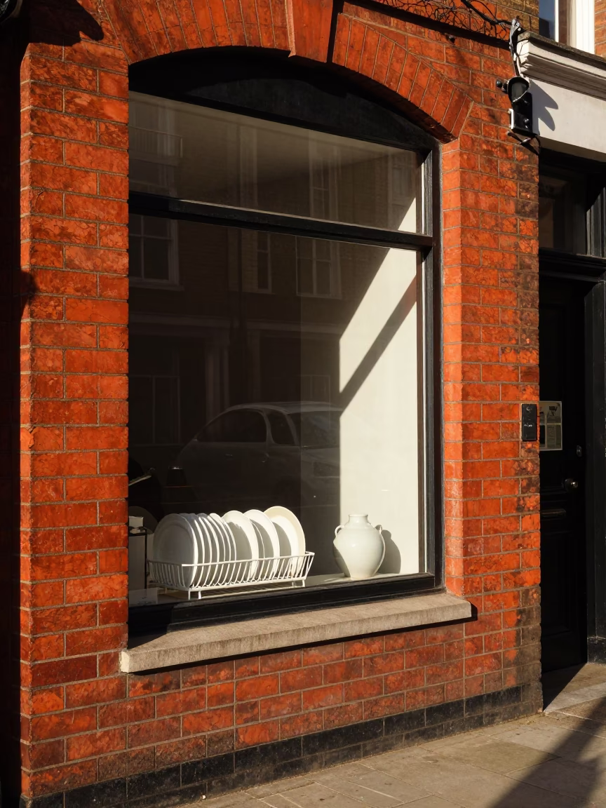 Late Afternoon London Street Scene with Dish Drainer and Toothbrush Cup on Windowsill in in London, United Kingdom