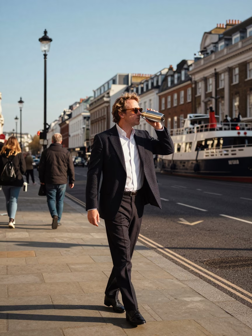 Late Afternoon London Street Scene with Model Ship and Cocktail Shaker in in London, United Kingdom