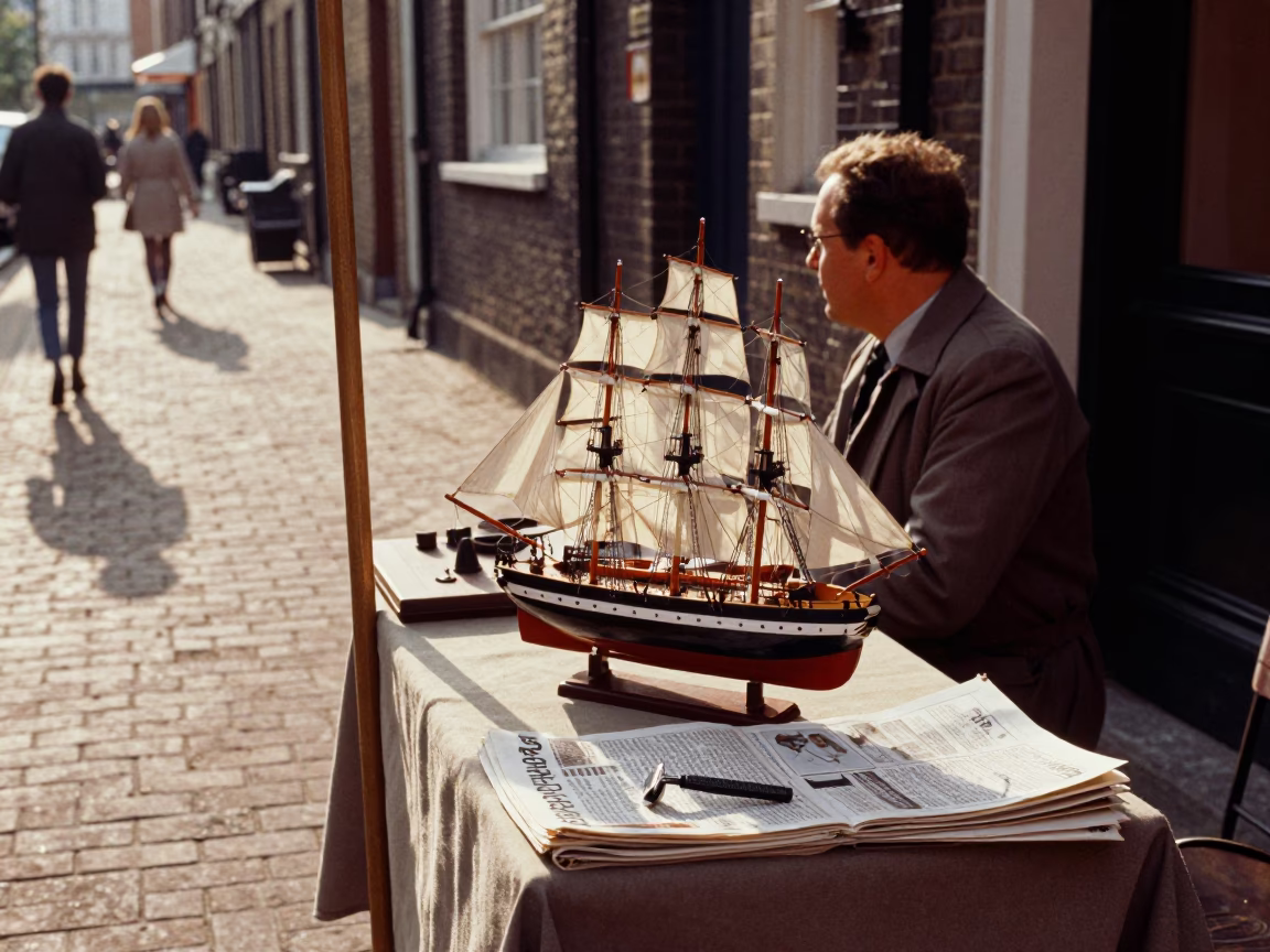Late Afternoon London Street Scene with Model Ship and Safety Razor in in London, United Kingdom