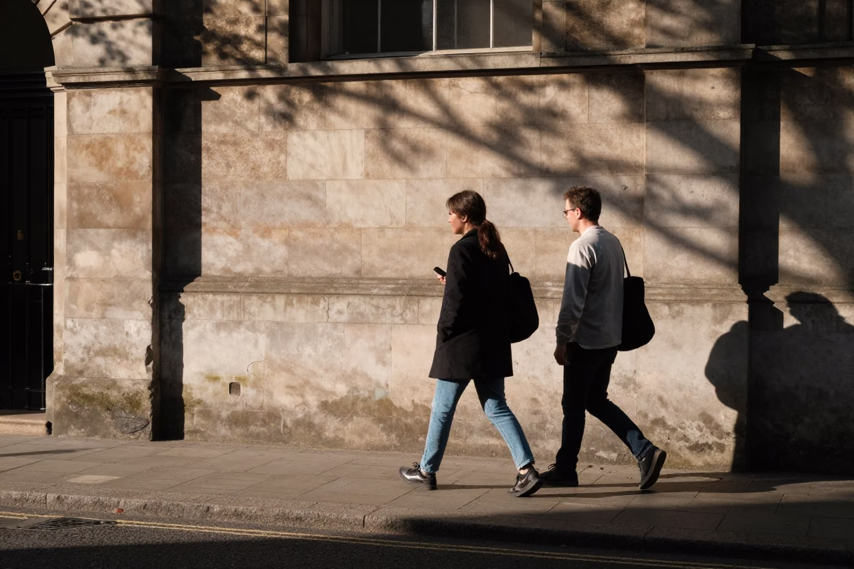 Late Afternoon London Street Scene with Raspberries and Stone Wall in in London, United Kingdom