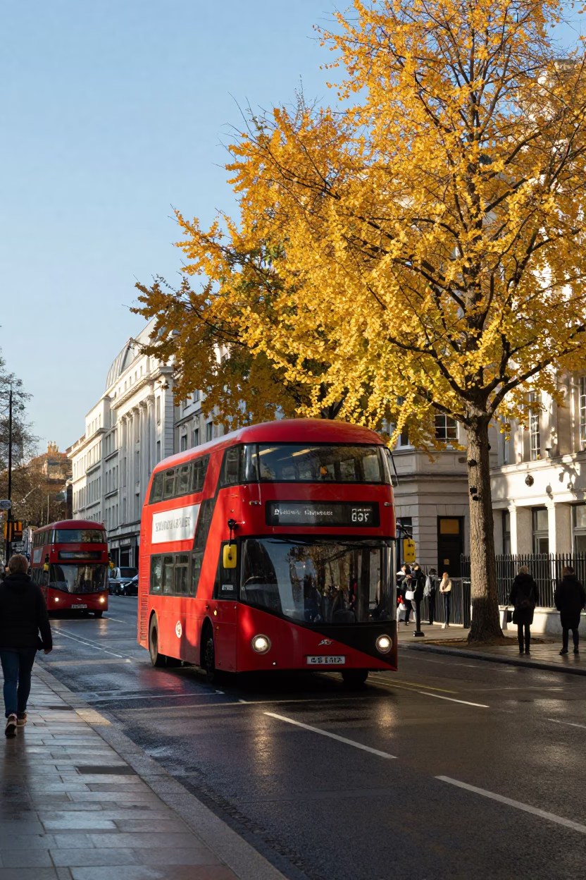 Late Afternoon London Street Scene with Red Bus and Ginkgo Tree in Golden Autumn in in London, United Kingdom