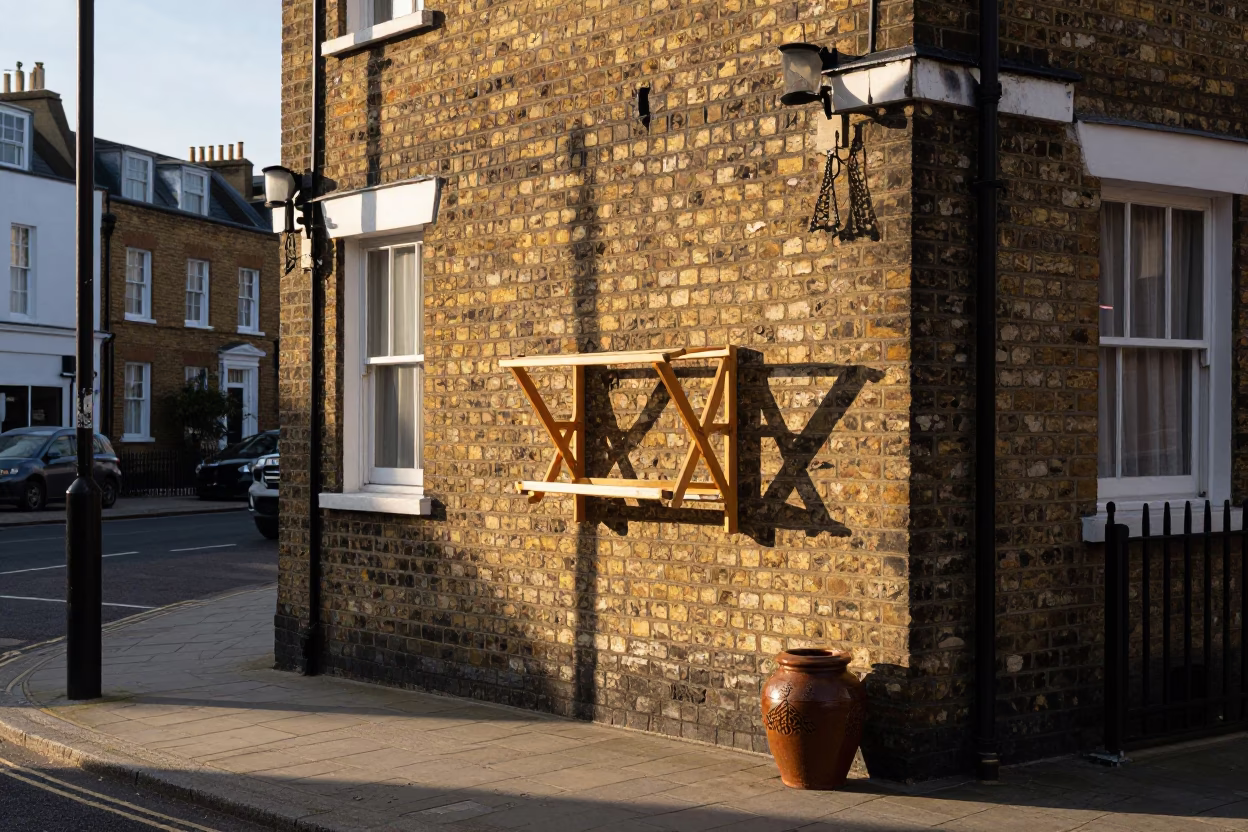 Late Afternoon London Street Scene with Spice Jar and Drying Rack Outside Brick House in in London, United Kingdom