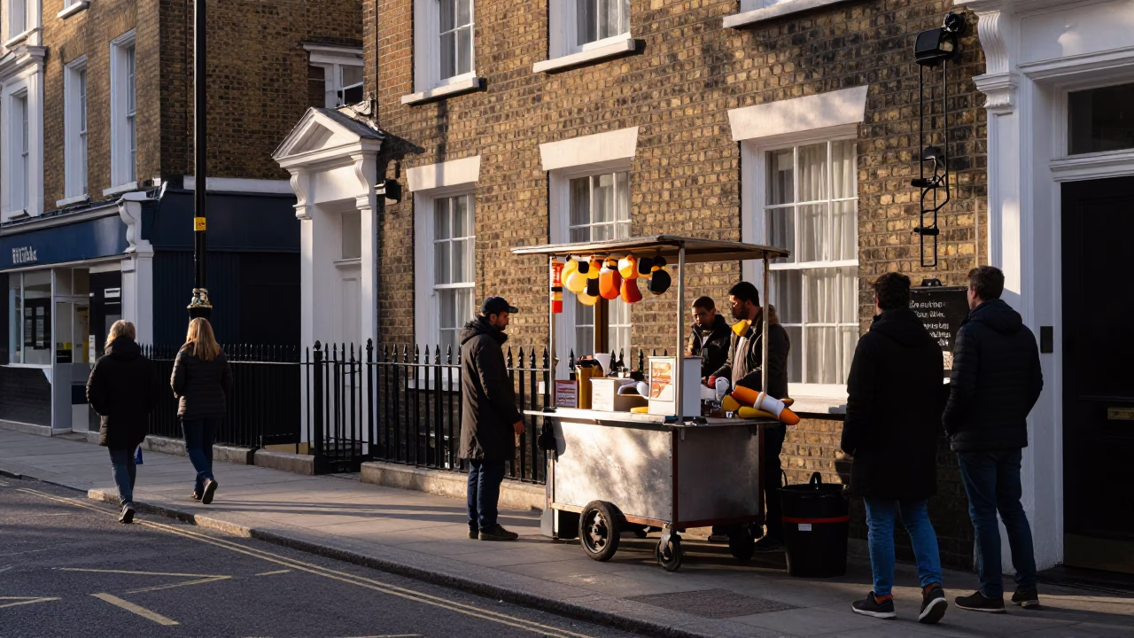 Late Afternoon London Street Scene with Tongs and Local Details in United Kingdom in in London, United Kingdom