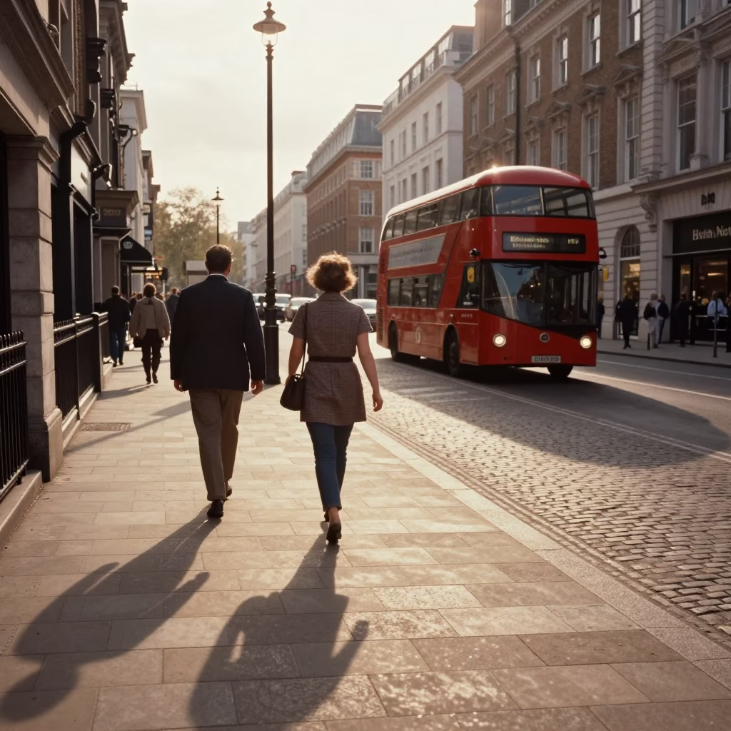 Late Afternoon London Street Scene with Vintage 1960s Atmosphere and Urban Details in in London, United Kingdom
